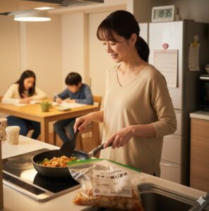 下味冷凍のお肉をフライパンで調理し、平日の夕食作りを時短する様子。忙しい平日の夜の調理風景。